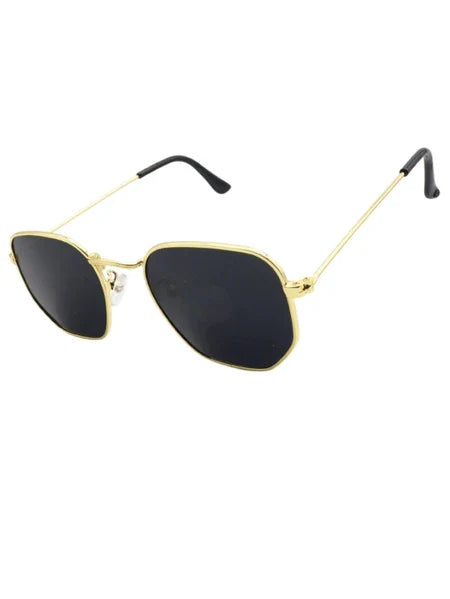 Óculos de Sol Hexagonal Clássico Dourado com Lente Preta UV400 Unissex